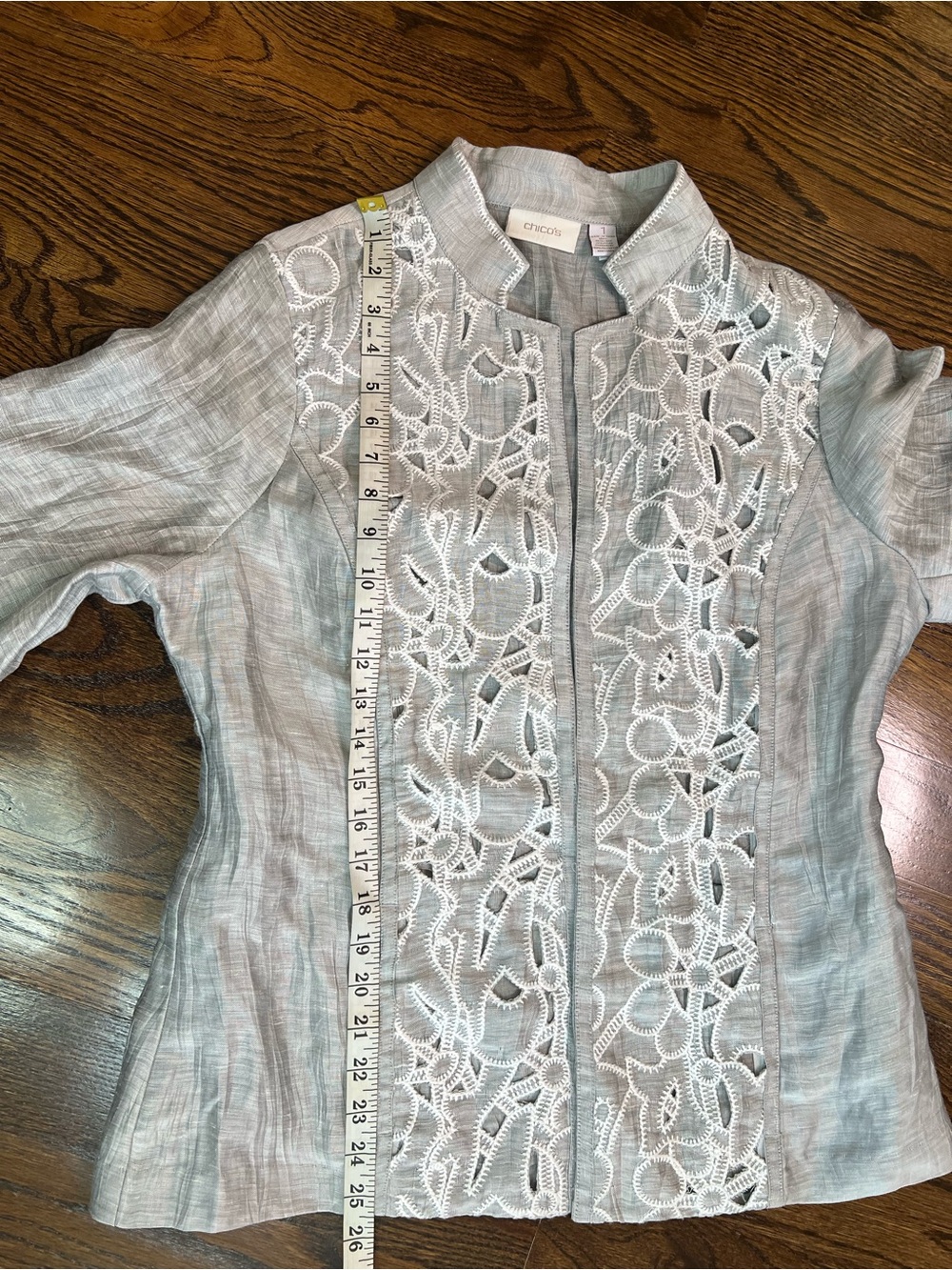 Chico's Silver-Gray Lace Front Open Jacket - Picture 8 of 14